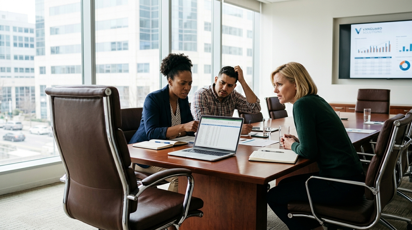 A photorealistic image of three diverse team members looking stressed around a laptop in a conference room, while the large executive chair at the head of the table sits noticeably empty.