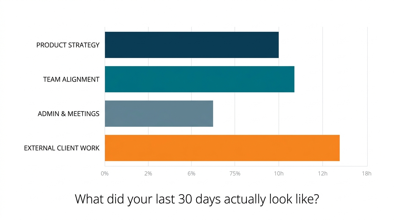A clean digital horizontal bar chart in navy, teal, grey, and orange, visualizing a 30-day time audit with the text 'What did your last 30 days actually look like?'.