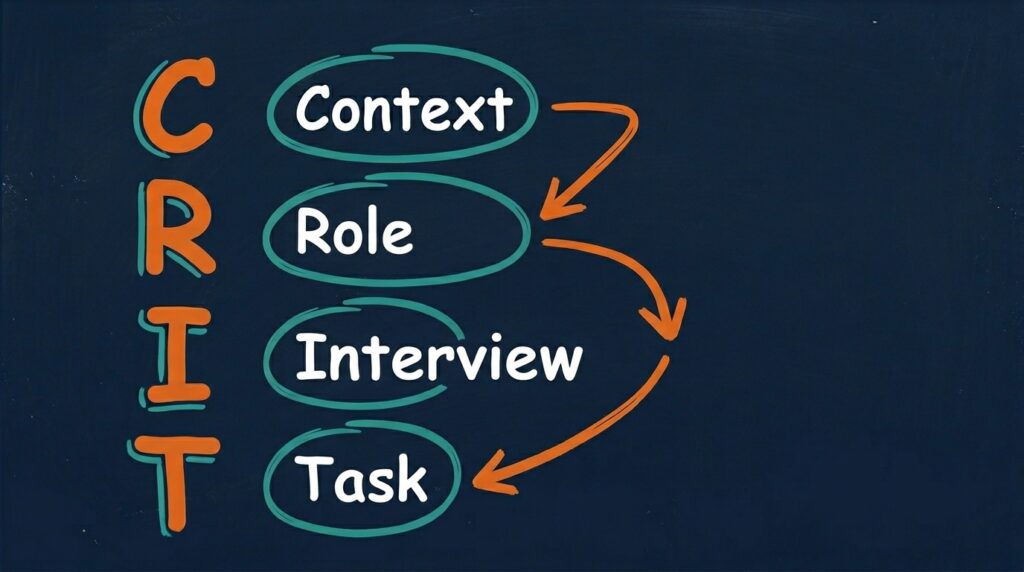 A dark navy whiteboard displaying the acronym C-R-I-T vertically. Next to the letters are teal circles containing the words Context, Request, Instructions, and Tone, connected by downward-flowing orange arrows.