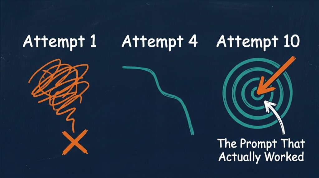 A dark navy whiteboard showing three drawn attempts. Attempt 1 is a messy orange scribble. Attempt 4 is a teal line missing a target. Attempt 10 is a straight orange arrow hitting a teal bullseye, labeled "The Prompt That Actually Worked."