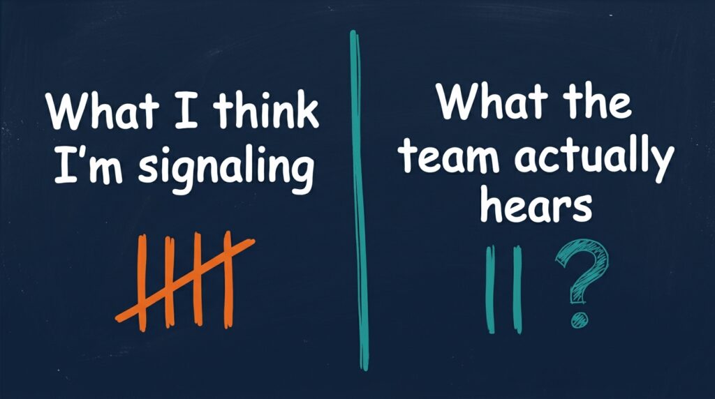 A dark navy whiteboard split down the middle. The left side reads "What I think I'm signaling" with four orange tally marks. The right side reads "What the team actually hears" with two teal tally marks and a question mark.