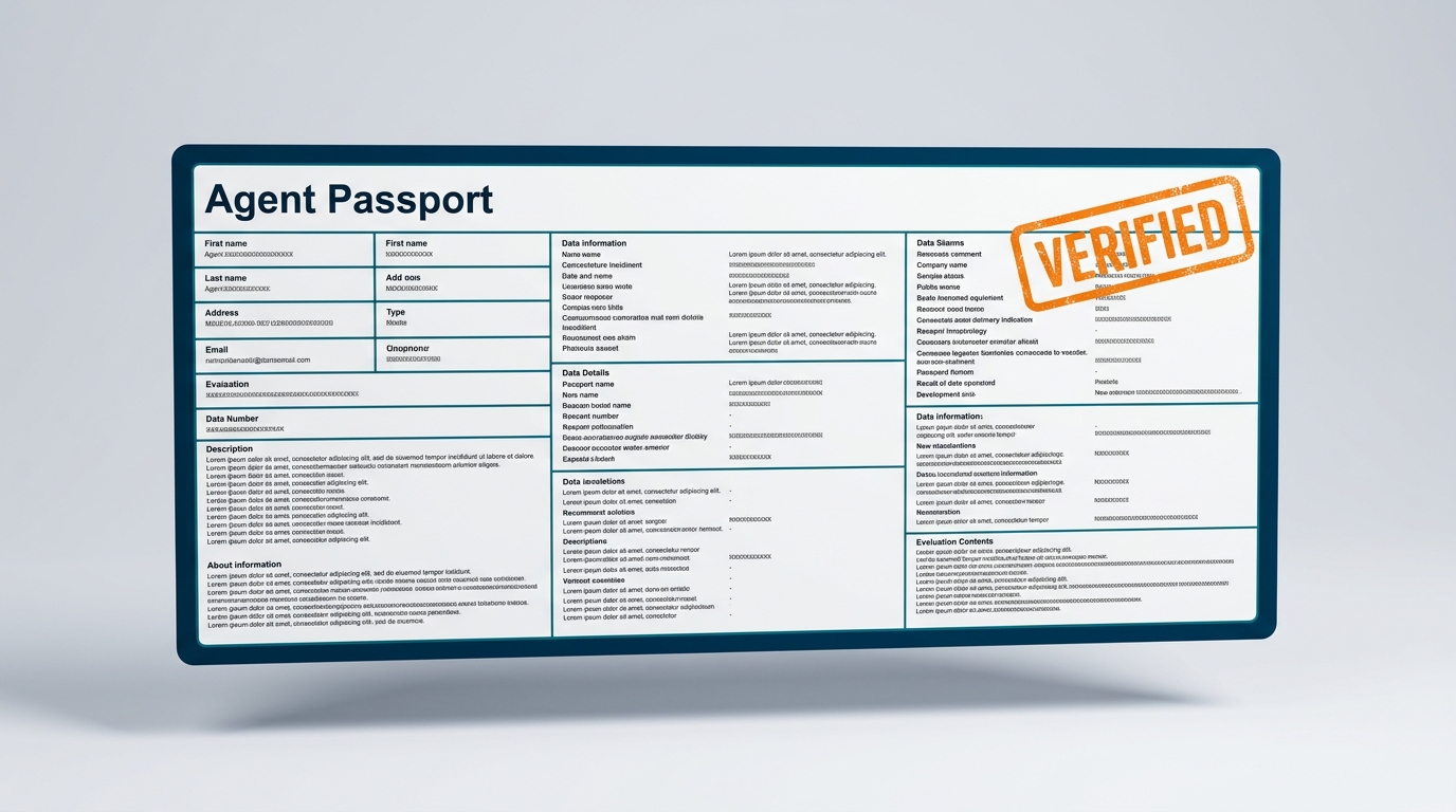 A wide digital mockup of a fully populated document titled Agent Passport, featuring a navy blue border, teal grid sections filled with text, and a bright orange VERIFIED stamp in the top right corner.