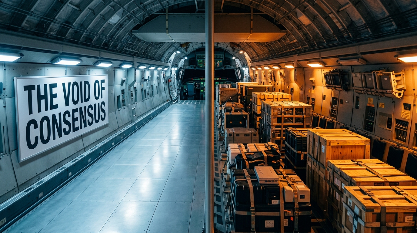 A photorealistic central perspective photograph of a cargo plane fuselage split perfectly down the middle. The left side is a pristine empty void with a sign reading THE VOID OF CONSENSUS. The right side is a complex, dense environment of diverse cargo illuminated with a warm orange glow.