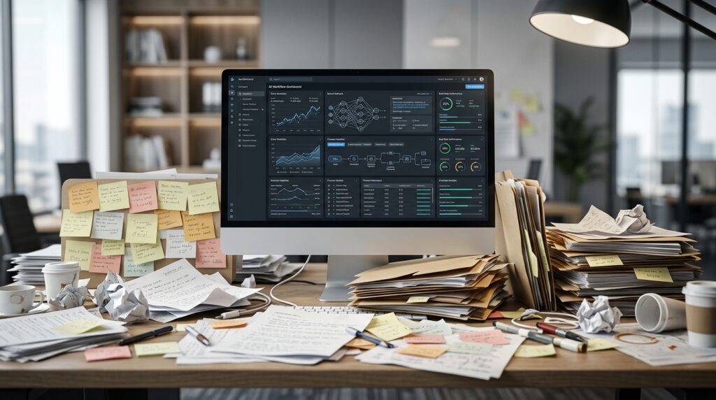 A cluttered agency desk with stacks of papers and sticky notes surrounding a monitor displaying a digital dashboard, representing the transition from static SOPs to a living AI knowledge base.