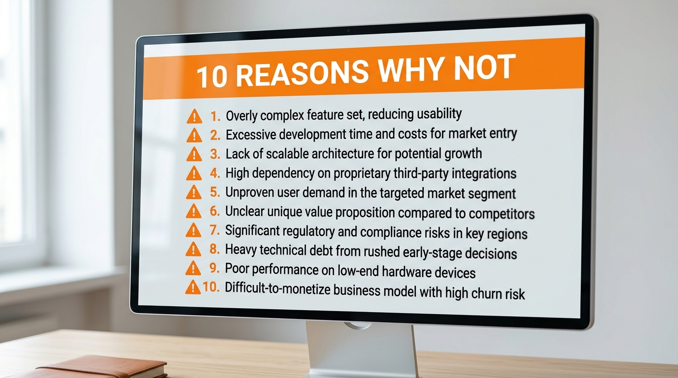 A close up of a digital document on a monitor with a bright orange header reading 10 REASONS WHY NOT, followed by a numbered list highlighting critical risk factors and warning icons.