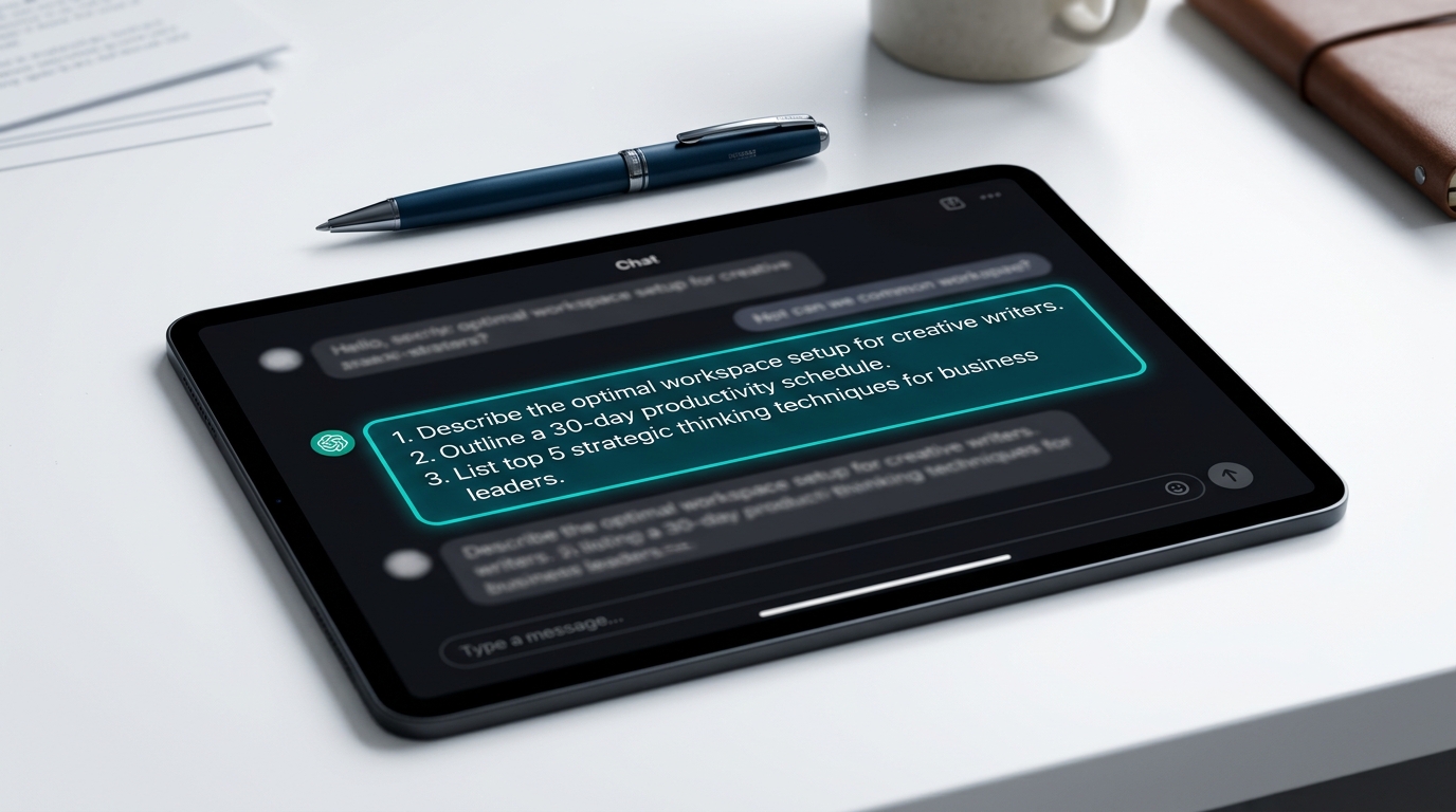 An overhead shot of a modern digital tablet on a clean desk, displaying a dark mode AI chat interface featuring a strategic counter prompt and a teal border.
