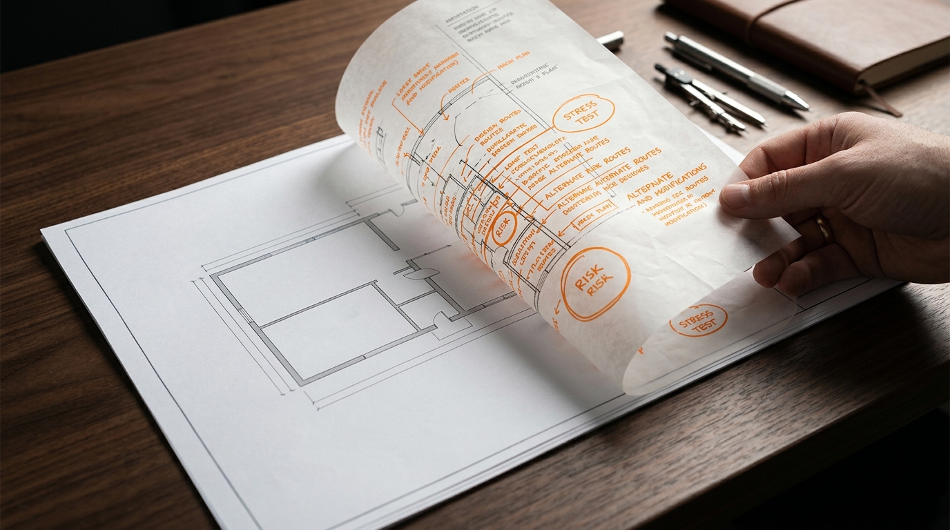 A macro photograph of a clean architectural blueprint on a wooden desk, partially covered by a semi-transparent vellum overlay filled with dense, complex orange annotations and risk assessments.