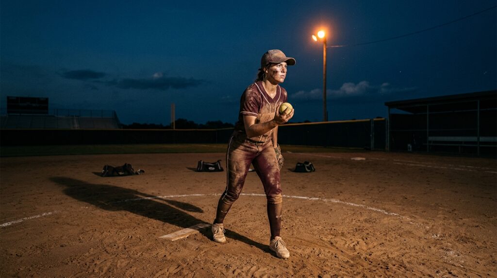 A cinematic, low-light photo of a lone softball player covered in dirt on a field at dusk, gripping a ball and putting in extra practice under a single orange utility light.