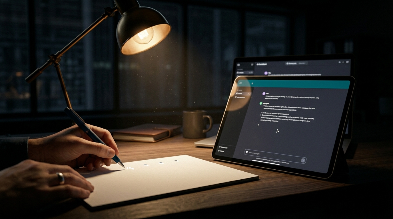 An overhead view of a desk at night illuminated by a single lamp. A hand writes on a paper notepad next to a tablet displaying an AI chat interface.