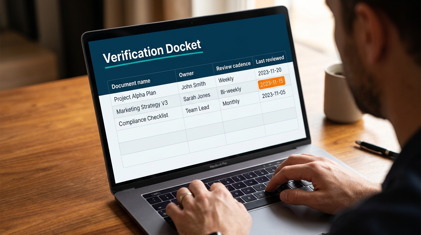 An over-the-shoulder view of someone typing on a laptop. The screen shows a clean spreadsheet titled Verification Docket with columns for Document name, Owner, Review cadence, and Last reviewed, with the last column highlighted in bright orange.