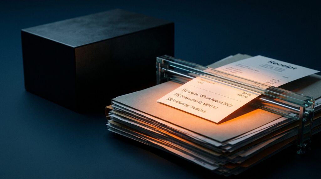 A cinematic macro photograph showing a pristine, glowing receipt with numbered citations being extracted from a stack of physical business documents, while a heavy opaque black box sits out of focus in the background.